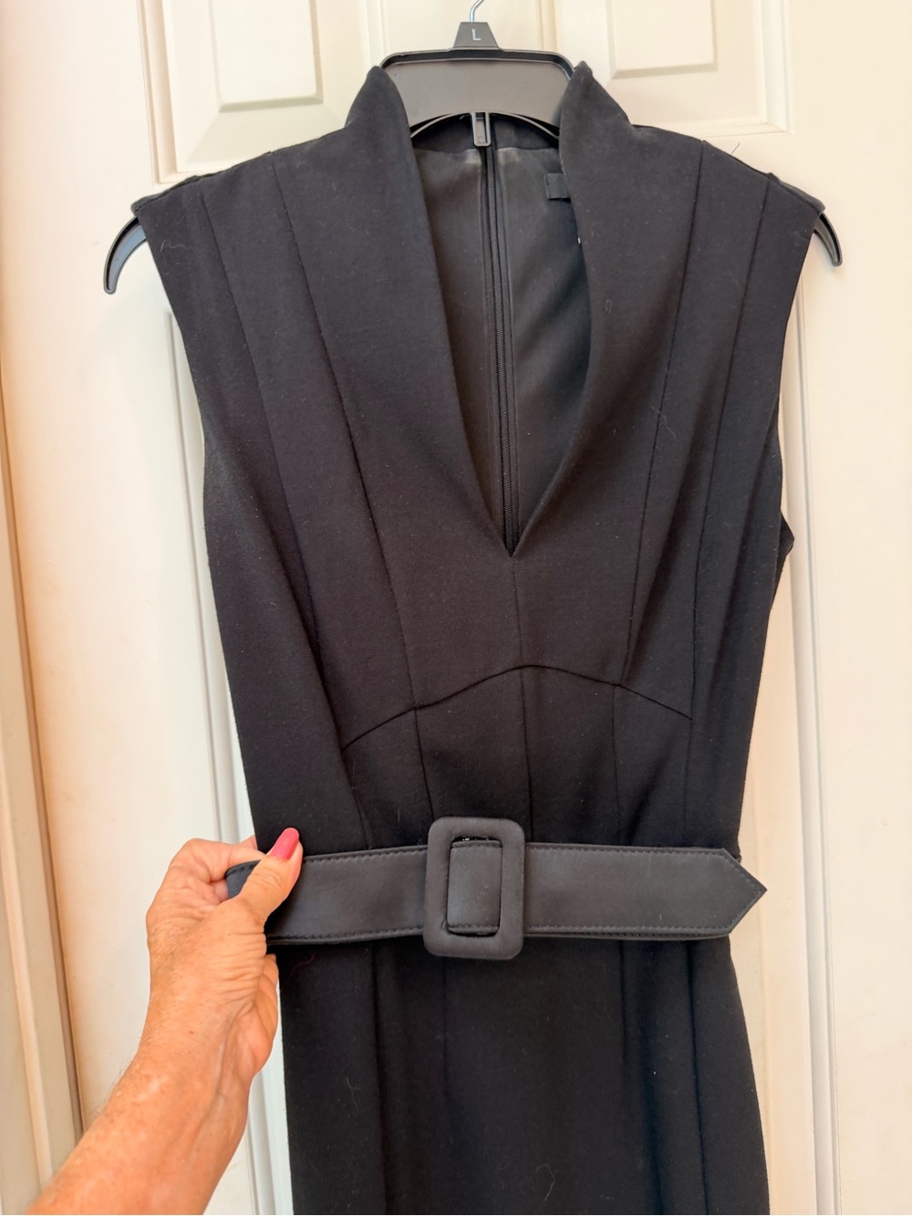White House Black Market Black V-Neck Sleeveless Midi Dress with Wide Belt, Sz 6 - Picture 2 of 12